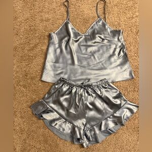 Satin Sleepwear Tank Short Women Medium Blue Pajama Top Bottom Ruffle Satin Set